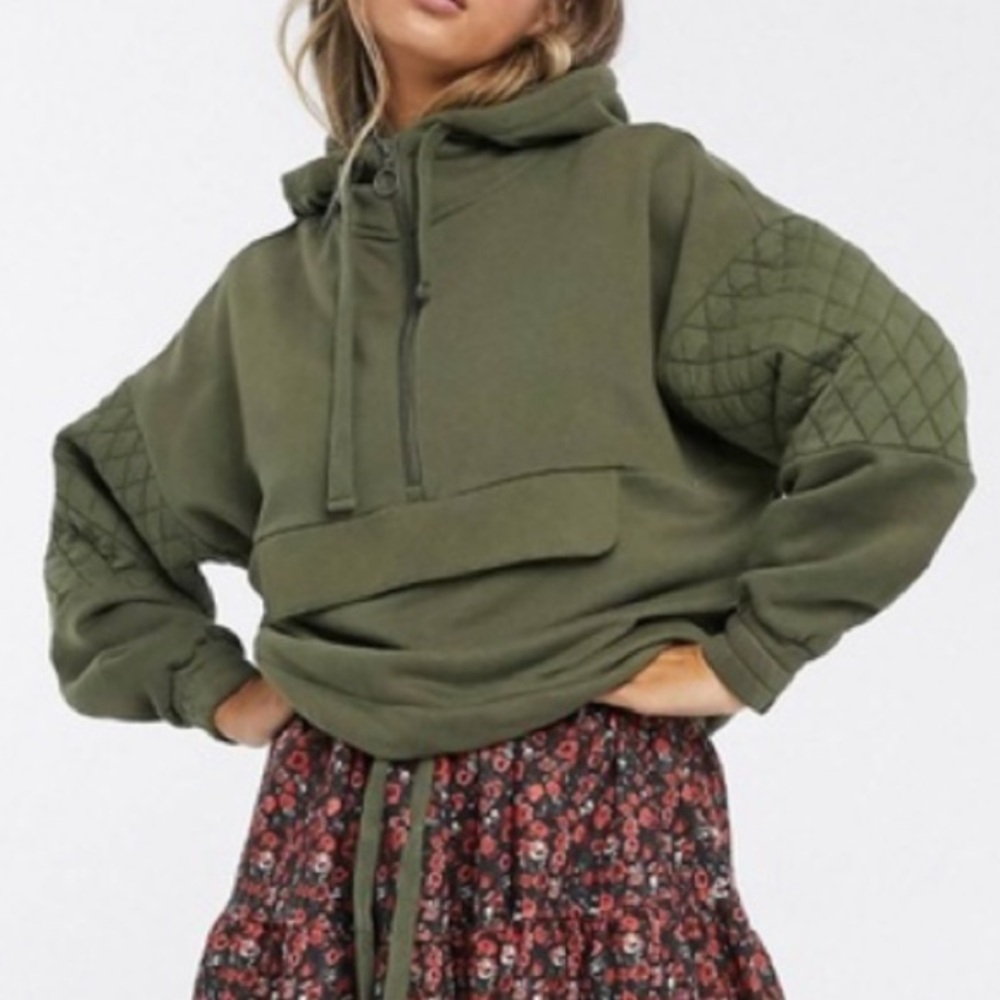 Pull&Bear Olive Green Quilted Sleeve Hoodie